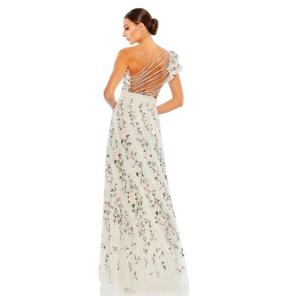 MAC DUGGAL Floral Embroidered Ruffle One-Shoulder Gown in Ivory Size US 6 - Picture 3 of 16